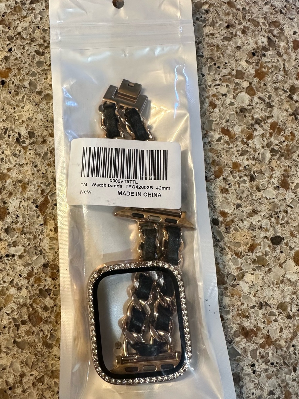 Rhinestone-Trim Black Leather & Gold Chain Watch Band for 42mm